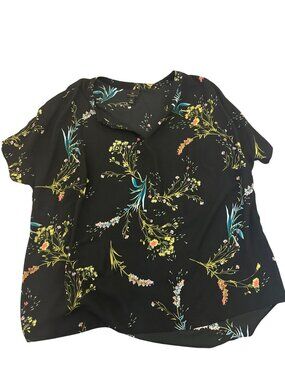 Worthington Womens Top 0X Black Floral Blouse Short Sleeve Chiffon Cottage Core